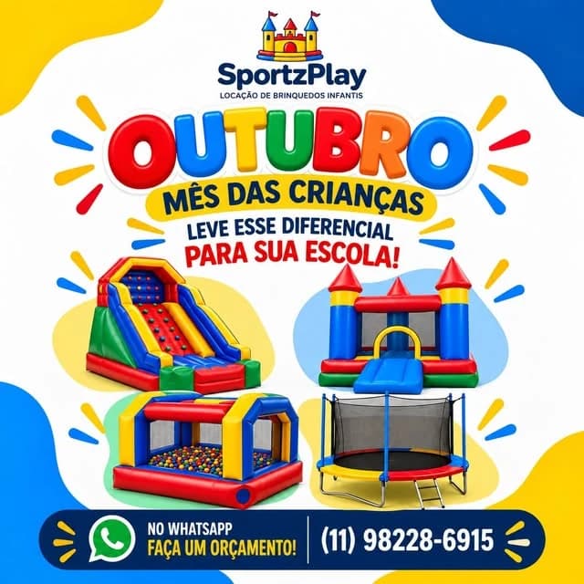 Estrutura completa de brinquedos infláveis SportzPlay! Tobogã gigante, castelo pula-pula e cama elástica com laudo de segurança e monitores treinados para eventos escolares. 🏰🤸‍♂️🎈